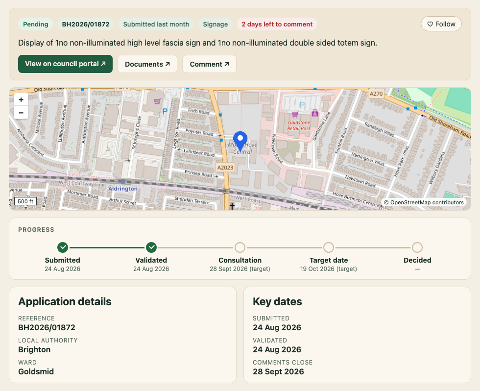 21days application BH2026/01872 in Hove: pending signage, a map, progress from 24 August, and comments closing 28 September.