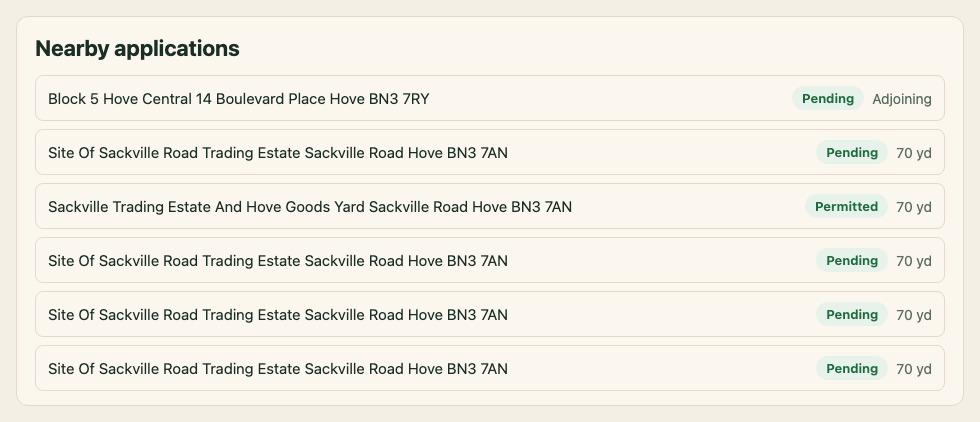 Nearby applications around Boulevard Place, Hove: one adjoining and pending, others 70 yards away, including one already permitted.