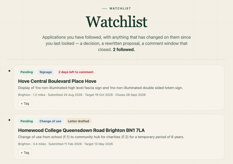 21days watchlist: a pending sign application at Hove Central with 2 days left to comment, and a change of use at Homewood College marked letter drafted.