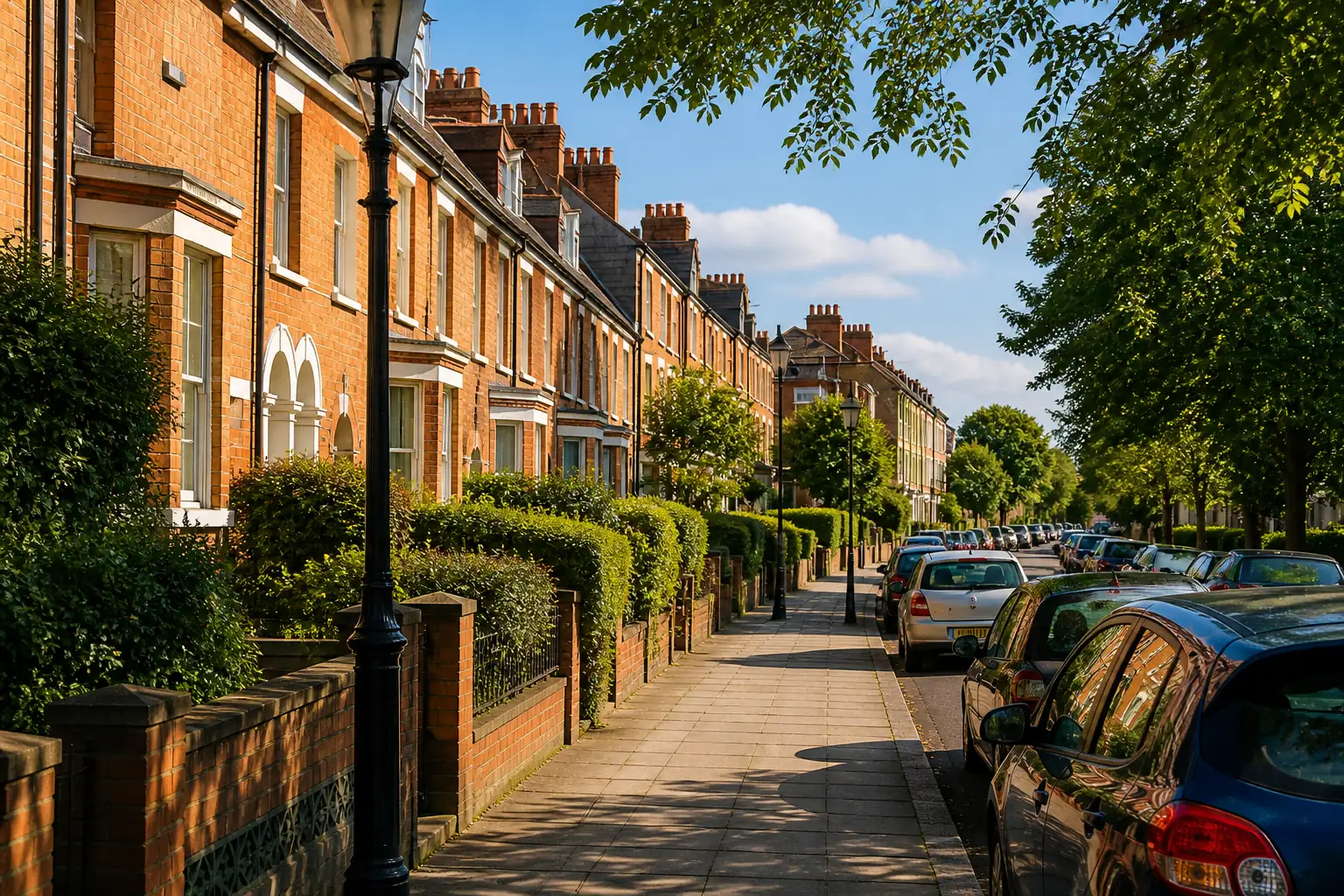 A quiet English terrace street in morning light